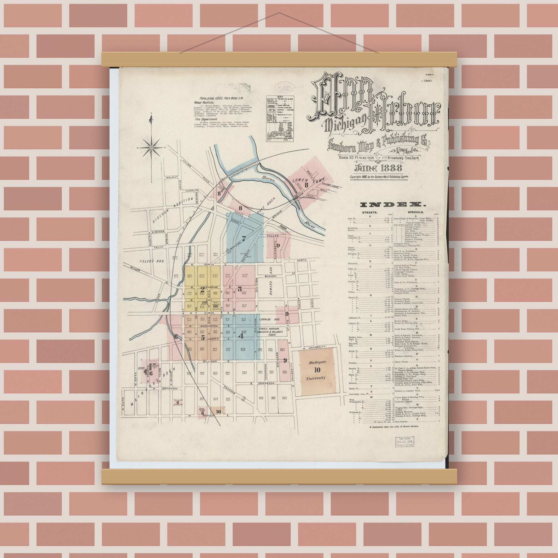 Old map wall art mockup — magnetic wood frame on brick wall — Sanborn Fire Insurance Map from Ann Arbor, Washtenaw County, Michigan (1888), Sheet #0001