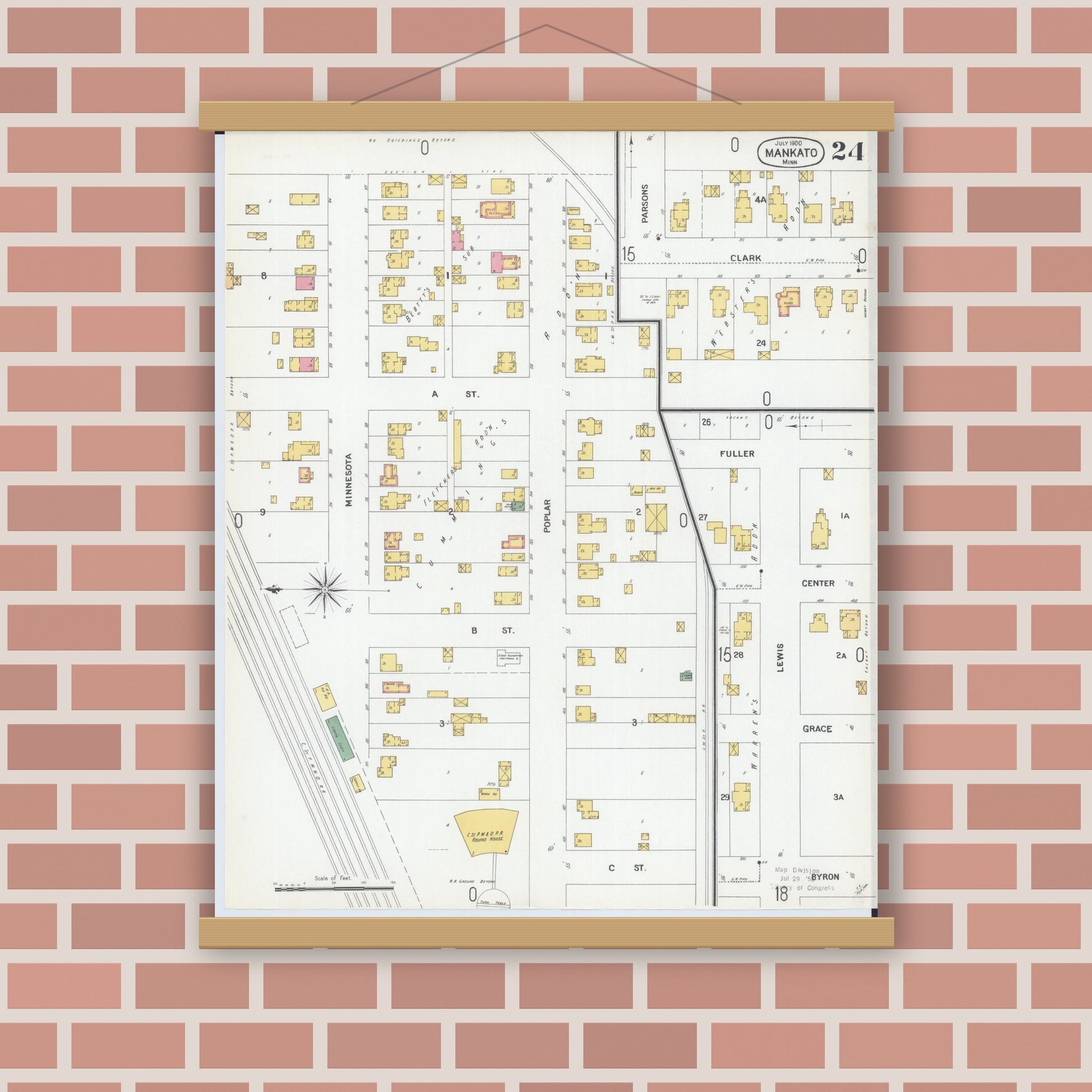 Old map wall art mockup — magnetic wood frame on brick wall — Sanborn Fire Insurance Map from Mankato, Blue Earth County, Minnesota (1900), Sheet #0024