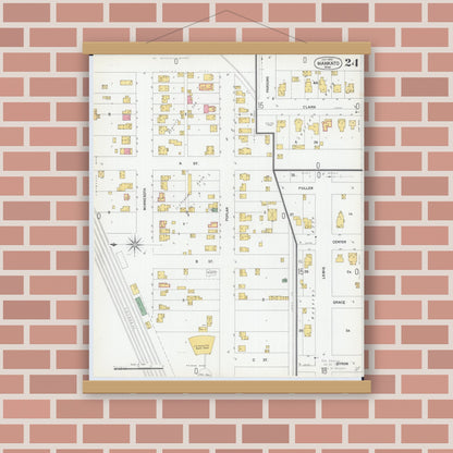 Old map wall art mockup — magnetic wood frame on brick wall — Sanborn Fire Insurance Map from Mankato, Blue Earth County, Minnesota (1900), Sheet #0024