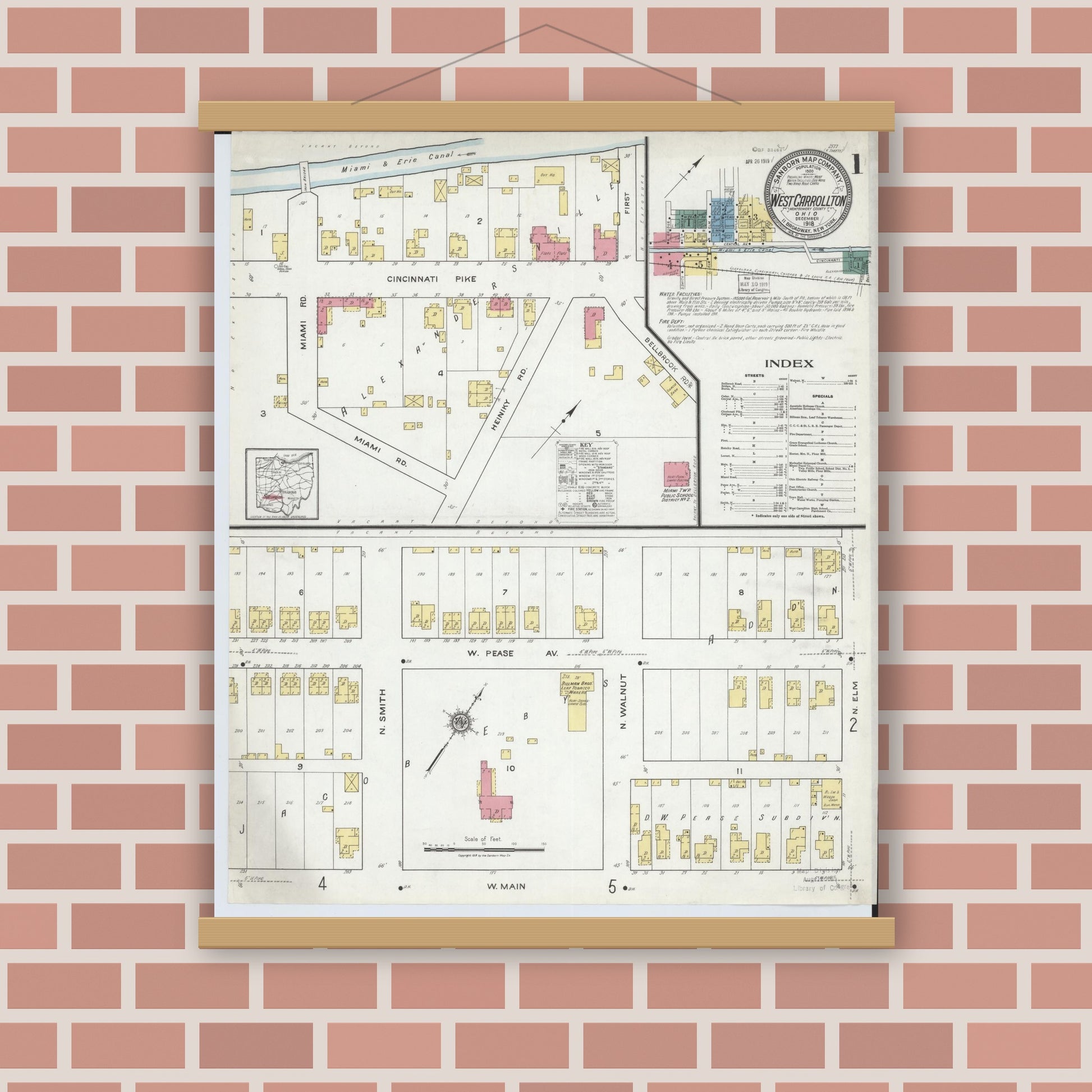 Old map wall art mockup — magnetic wood frame on brick wall — Sanborn Fire Insurance Map from West Carrollton, Montgomery County, Ohio (1918), Sheet #0001