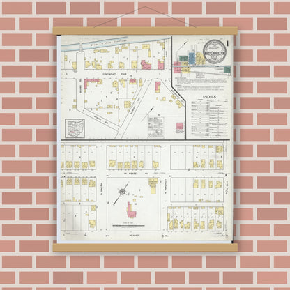 Old map wall art mockup — magnetic wood frame on brick wall — Sanborn Fire Insurance Map from West Carrollton, Montgomery County, Ohio (1918), Sheet #0001