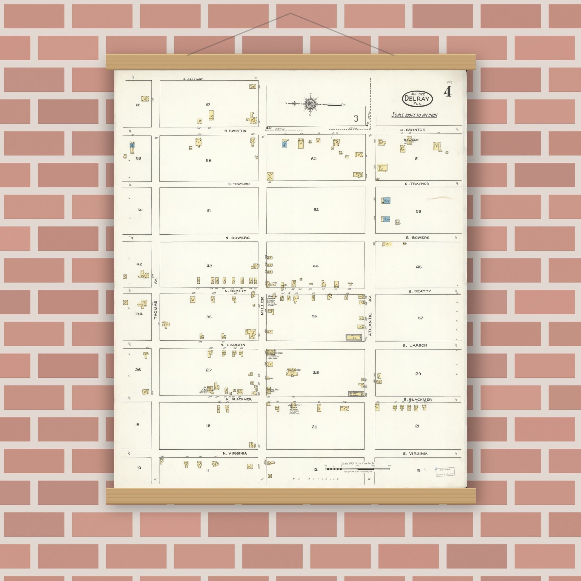 Old map wall art mockup — magnetic wood frame on brick wall — Sanborn Fire Insurance Map from Delray, Palm Beach County, Florida (1922), Sheet #0004