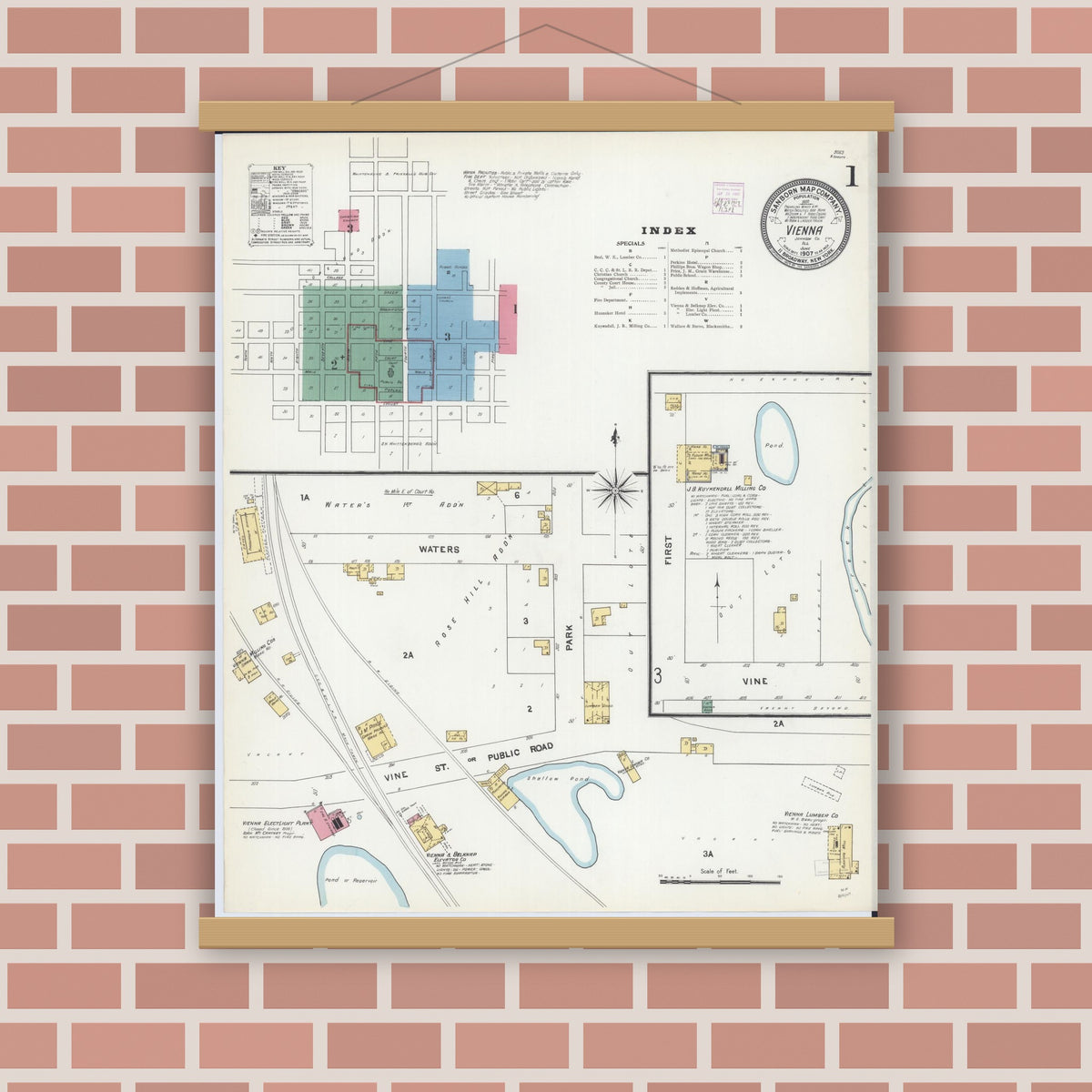 Old map wall art mockup — magnetic wood frame on brick wall — Sanborn Fire Insurance Map from Vienna, Johnson County, Illinois (1907) - Complete Map Set