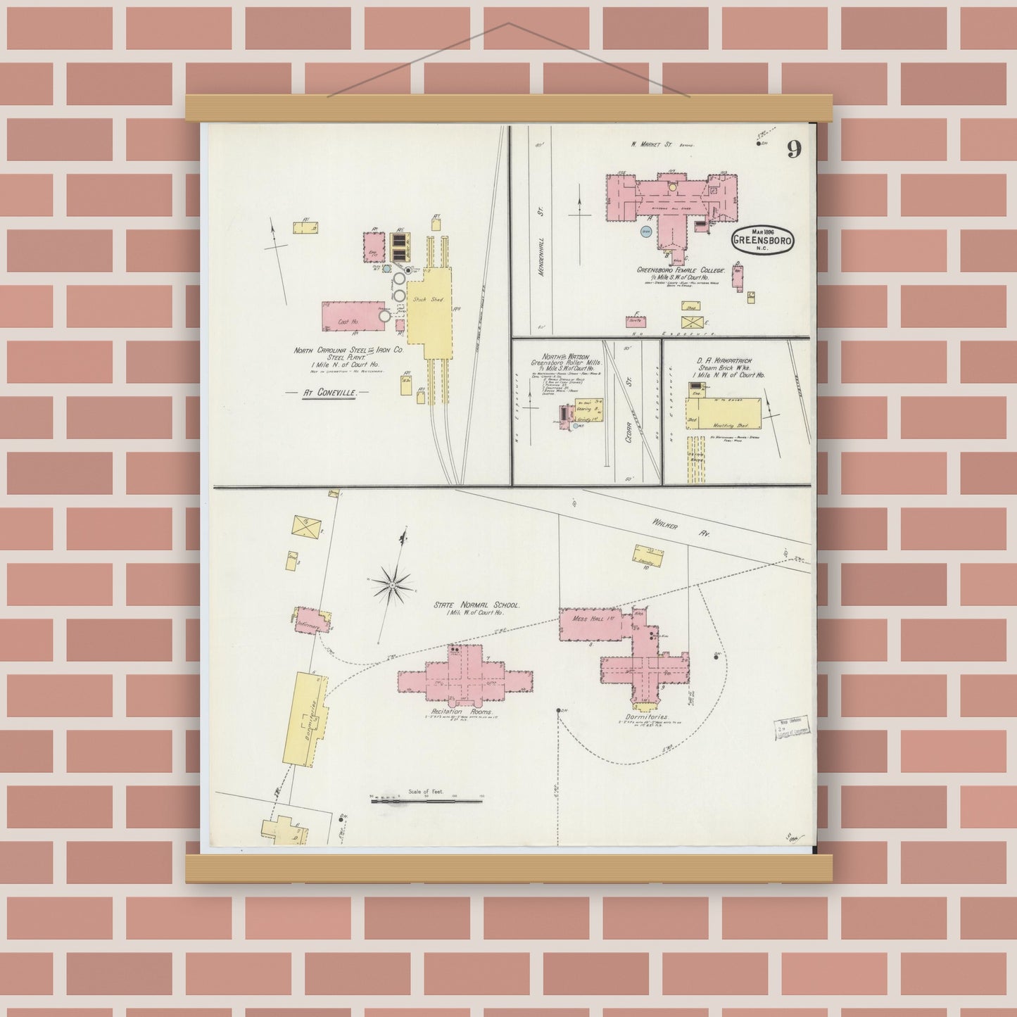Old map wall art mockup — magnetic wood frame on brick wall — Sanborn Fire Insurance Map from Greensboro, Guilford County, North Carolina (1896), Sheet #0009