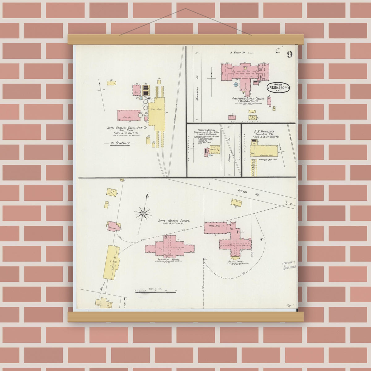 Old map wall art mockup — magnetic wood frame on brick wall — Sanborn Fire Insurance Map from Greensboro, Guilford County, North Carolina (1896), Sheet #0009