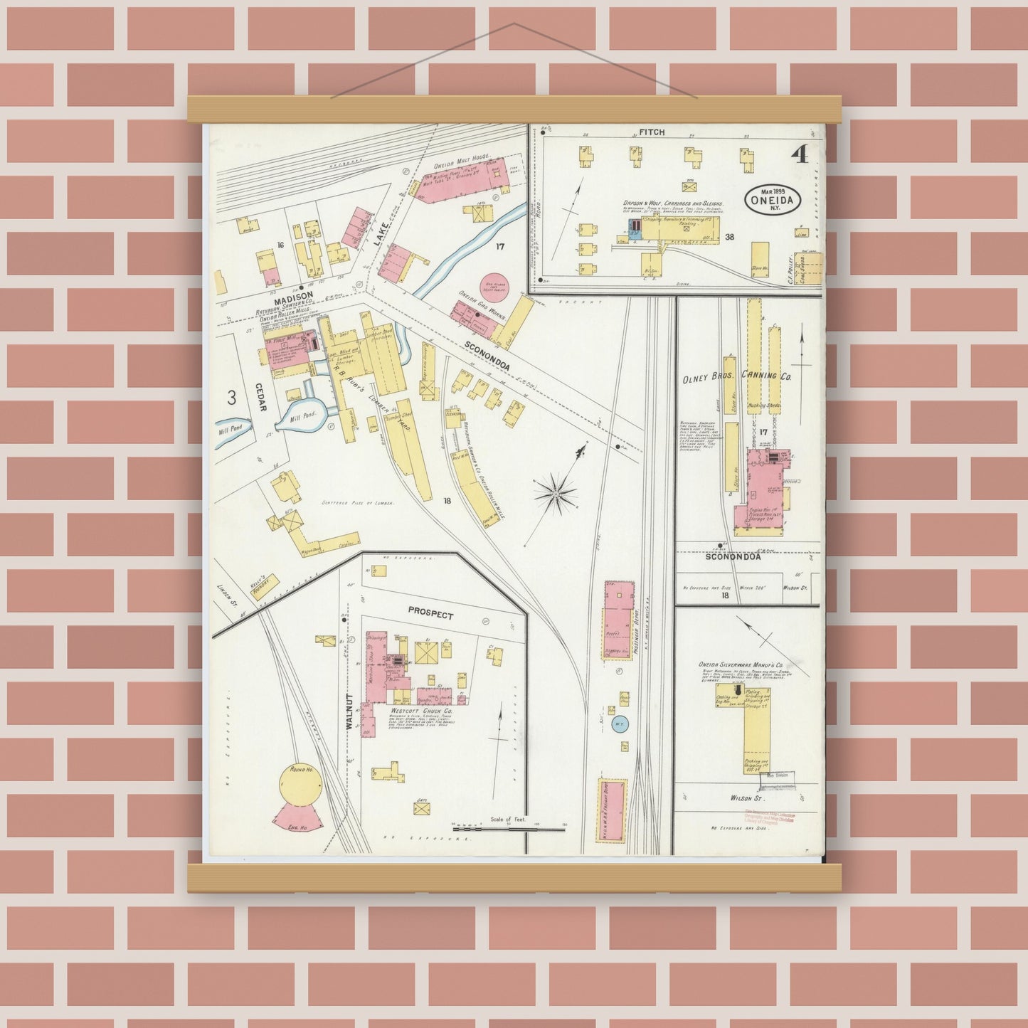 Old map wall art mockup — magnetic wood frame on brick wall — Sanborn Fire Insurance Map from Oneida, Madison County, New York (1899), Sheet #0004