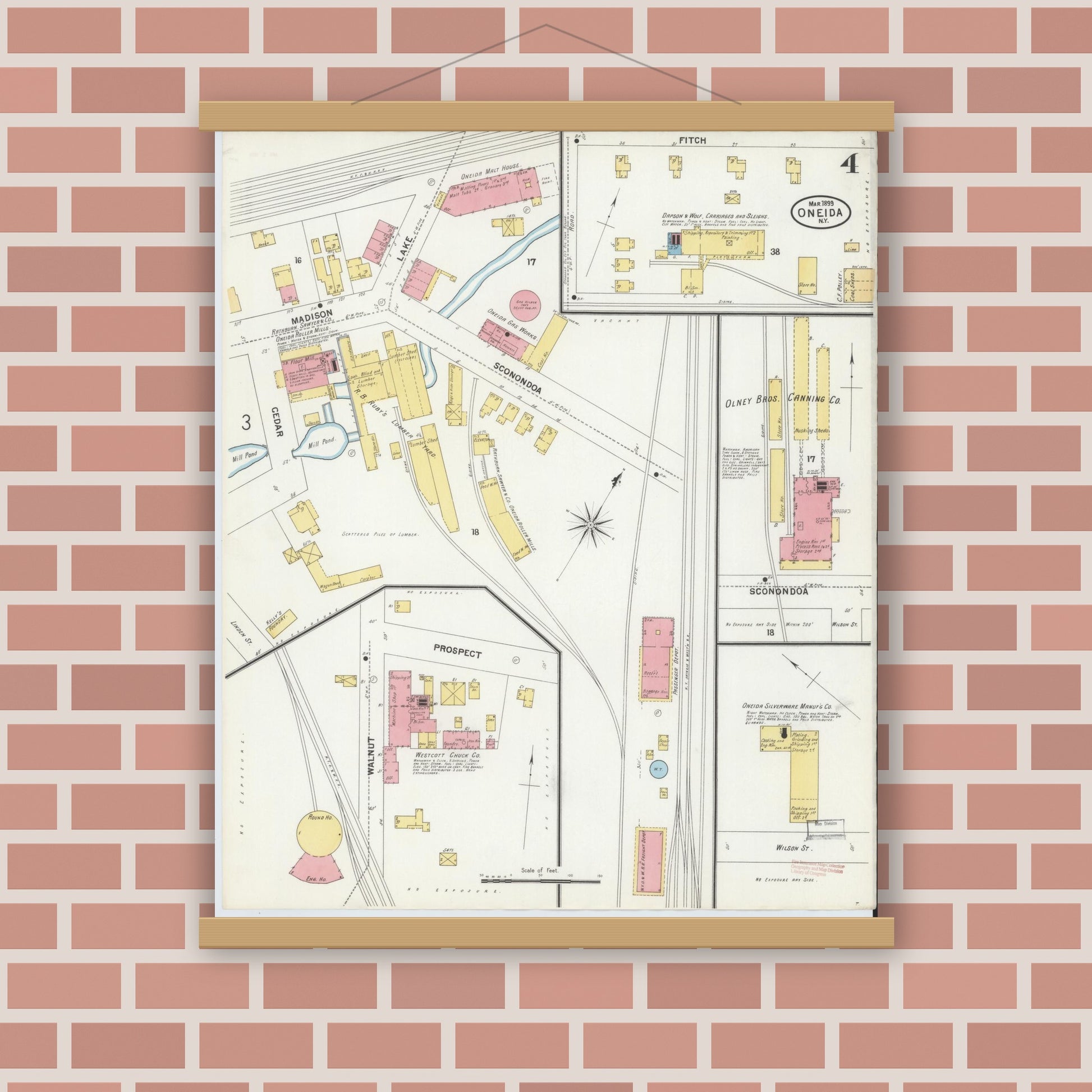 Old map wall art mockup — magnetic wood frame on brick wall — Sanborn Fire Insurance Map from Oneida, Madison County, New York (1899), Sheet #0004