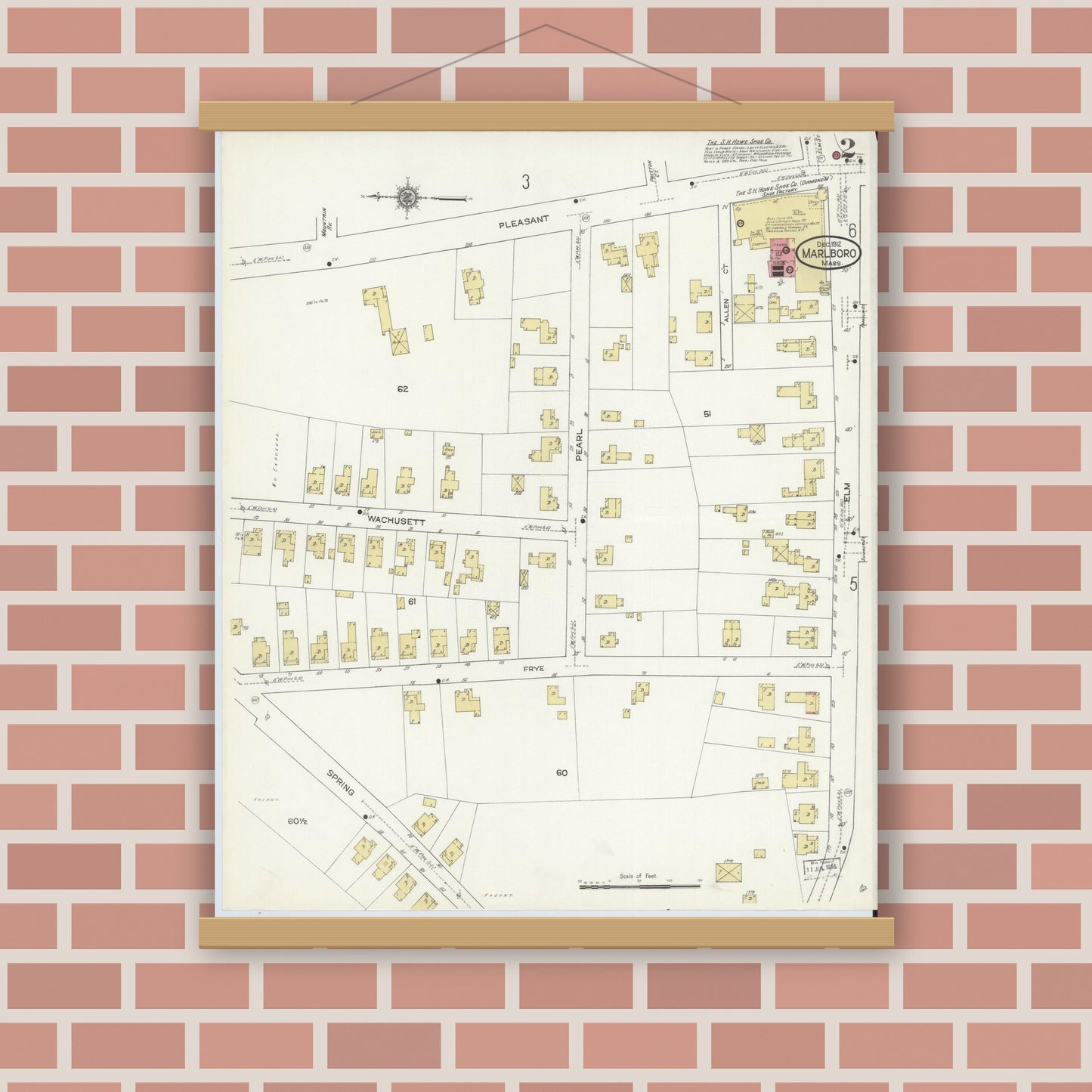 Old map wall art mockup — magnetic wood frame on brick wall — Sanborn Fire Insurance Map from Marlborough, Middlesex County, Massachusetts (1912), Sheet #0002