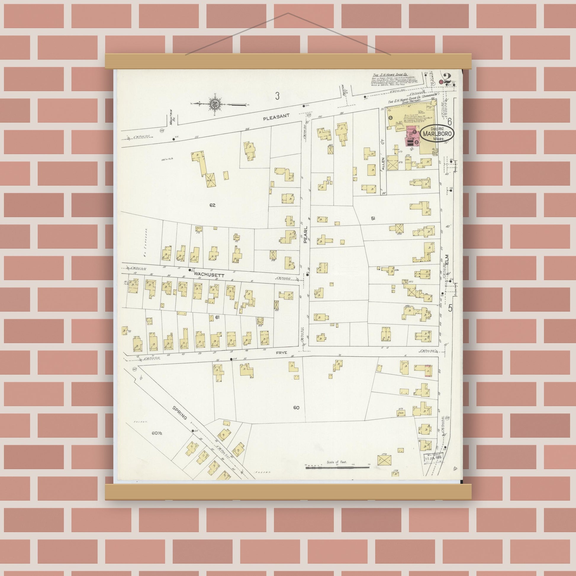 Old map wall art mockup — magnetic wood frame on brick wall — Sanborn Fire Insurance Map from Marlborough, Middlesex County, Massachusetts (1912), Sheet #0002