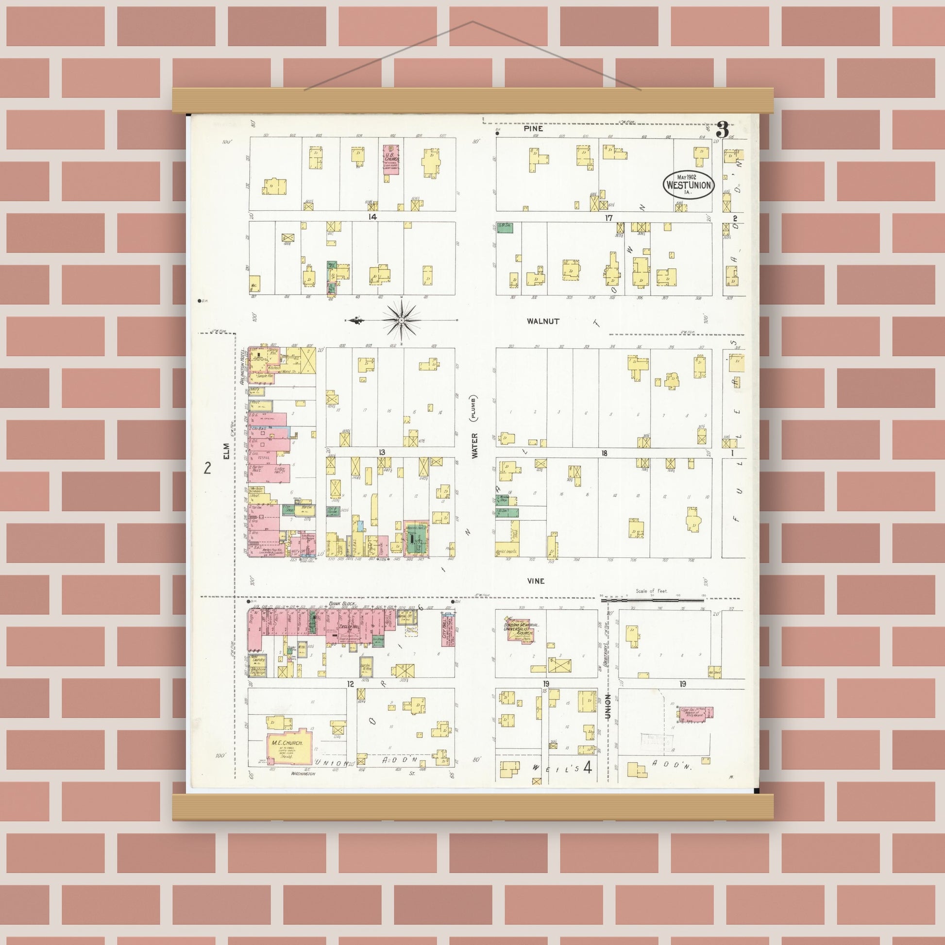 Old map wall art mockup — magnetic wood frame on brick wall — Sanborn Fire Insurance Map from West Union, Fayette County, Iowa (1902), Sheet #0003