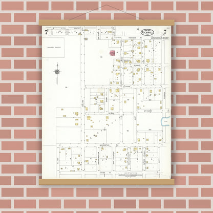 Old map wall art mockup — magnetic wood frame on brick wall — Sanborn Fire Insurance Map from Rockwall, Rockwall County, Texas (1923), Sheet #0007