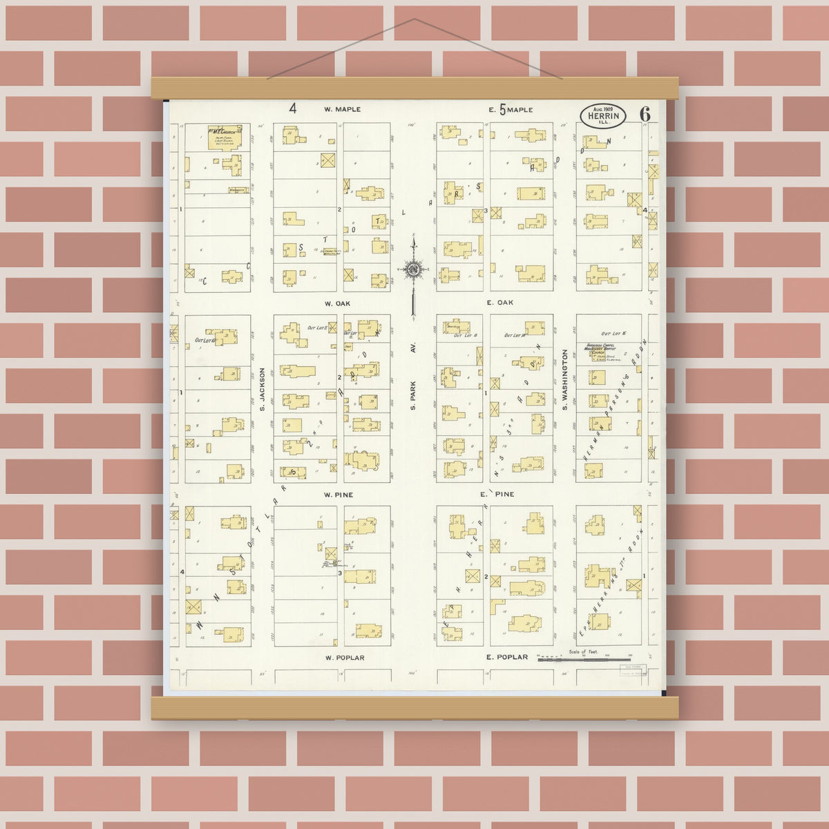 Old map wall art mockup — magnetic wood frame on brick wall — Sanborn Fire Insurance Map from Herrin, Williamson County, Illinois (1909), Sheet #0006