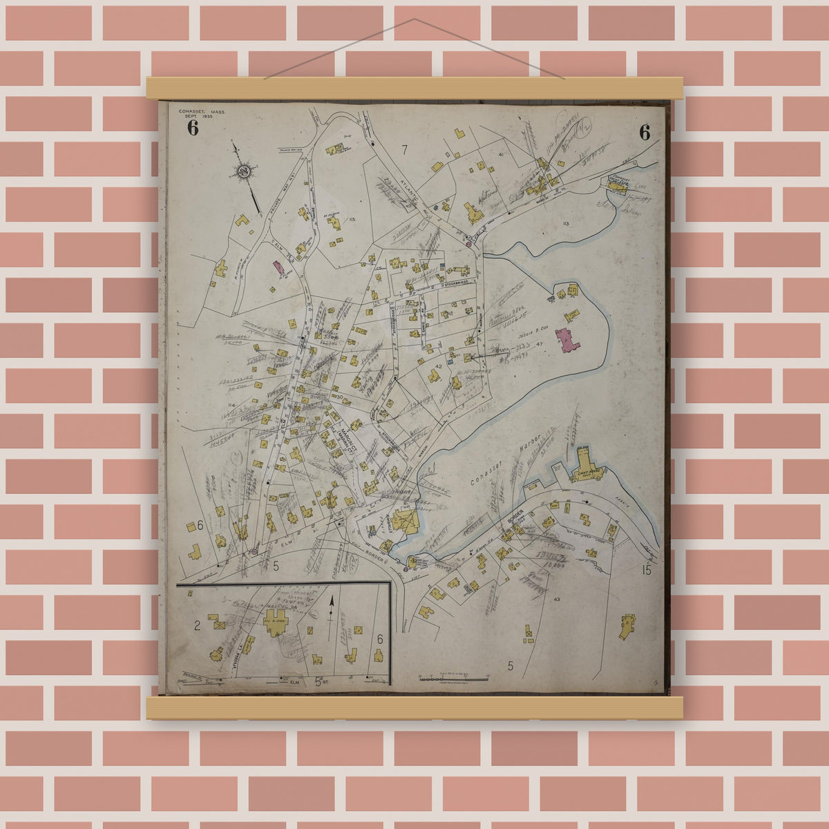 Old map wall art mockup — magnetic wood frame on brick wall — Sanborn Fire Insurance Map from Cohasset, Norfolk County, Massachusetts (1952), Sheet #0006