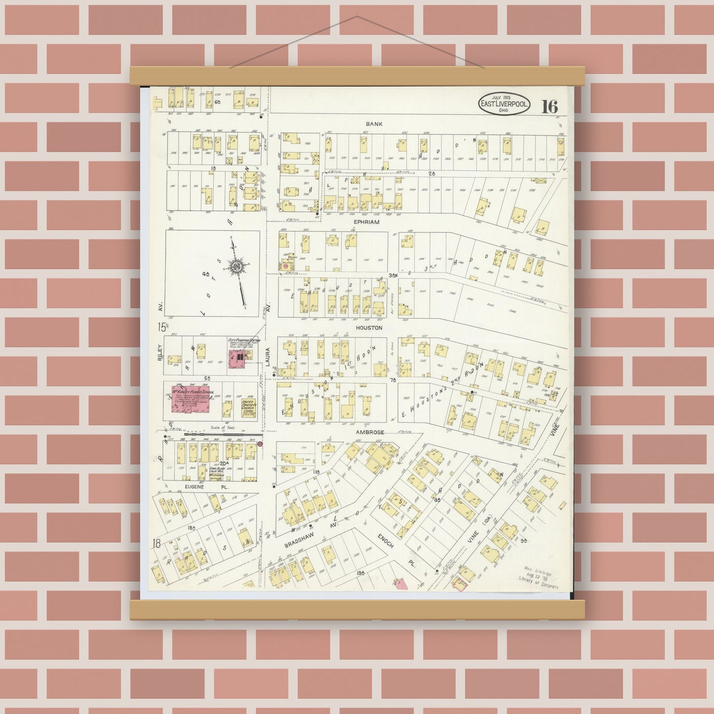 Old map wall art mockup — magnetic wood frame on brick wall — Sanborn Fire Insurance Map from East Liverpool, Columbiana County, Ohio (1913), Sheet #0016