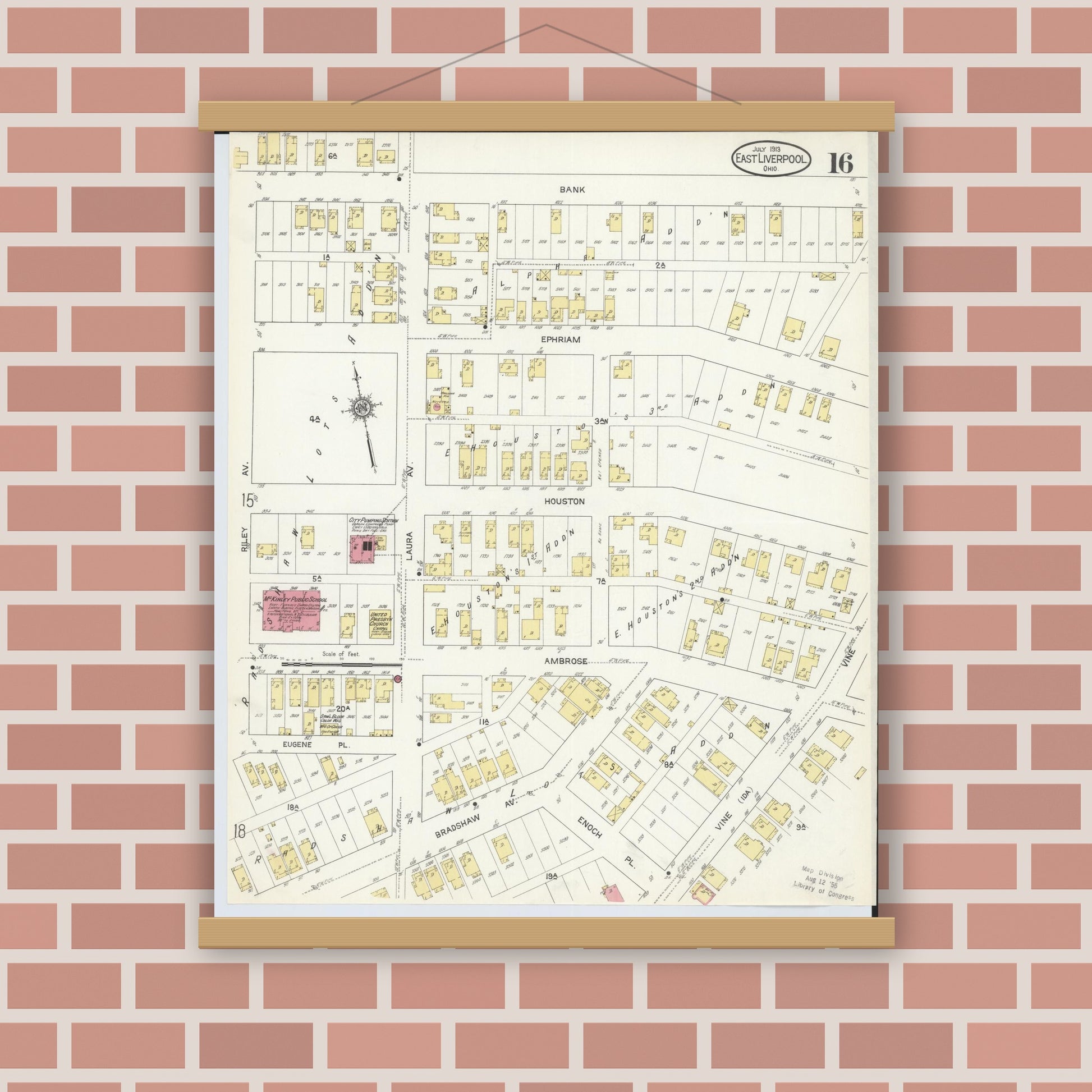 Old map wall art mockup — magnetic wood frame on brick wall — Sanborn Fire Insurance Map from East Liverpool, Columbiana County, Ohio (1913), Sheet #0016