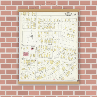 Old map wall art mockup — magnetic wood frame on brick wall — Sanborn Fire Insurance Map from East Liverpool, Columbiana County, Ohio (1913), Sheet #0016