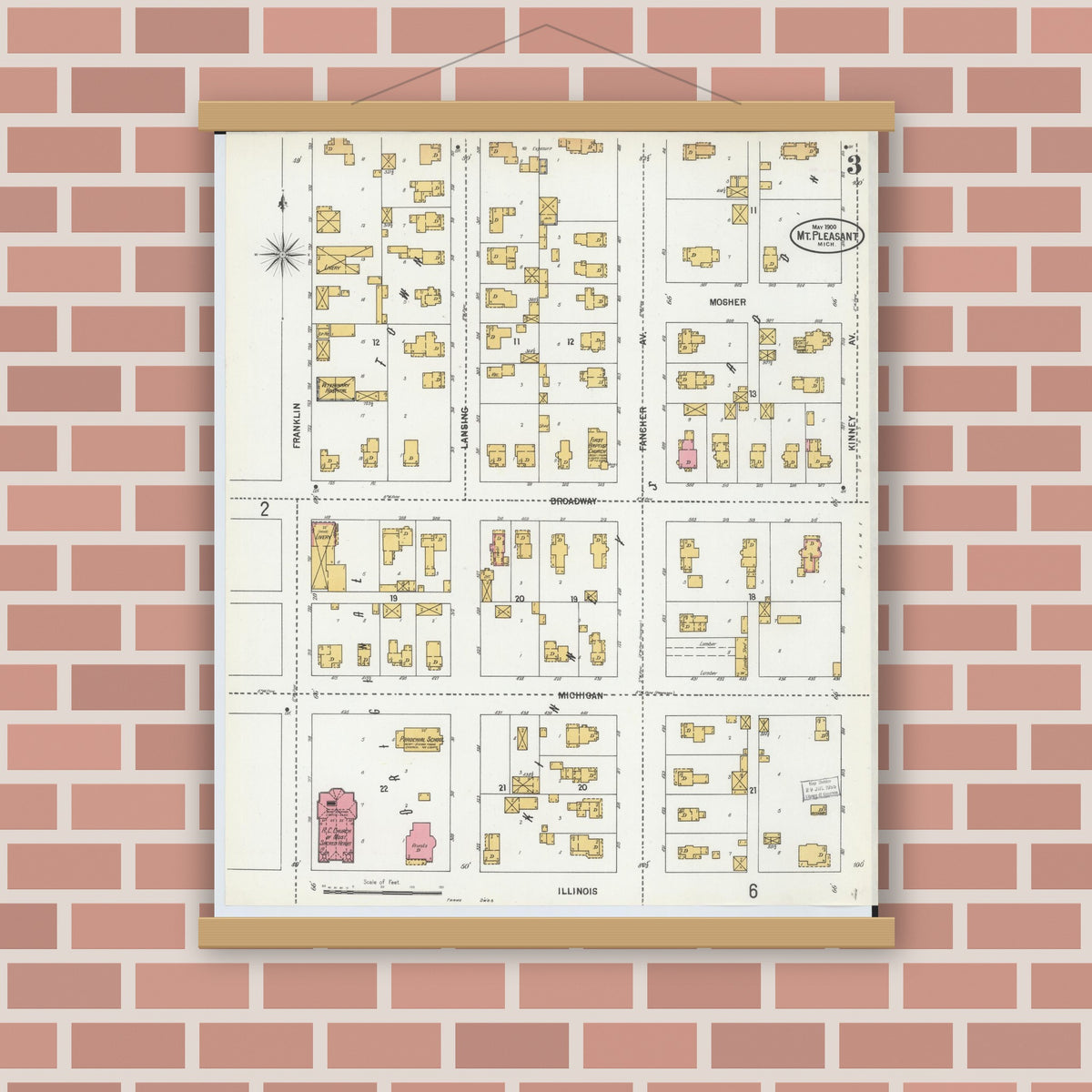 Old map wall art mockup — magnetic wood frame on brick wall — Sanborn Fire Insurance Map from Mount Pleasant, Isabella County, Michigan (1900), Sheet #0003