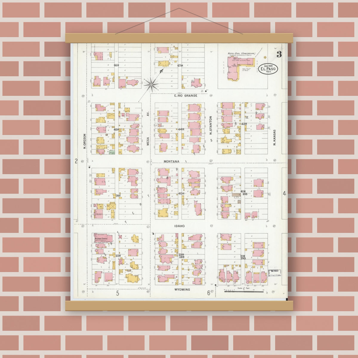 Old map wall art mockup — magnetic wood frame on brick wall — Sanborn Fire Insurance Map from El Paso, El Paso County, Texas (1900), Sheet #0003