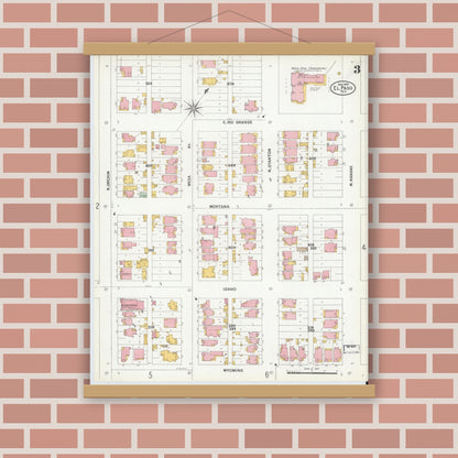 Old map wall art mockup — magnetic wood frame on brick wall — Sanborn Fire Insurance Map from El Paso, El Paso County, Texas (1900), Sheet #0003