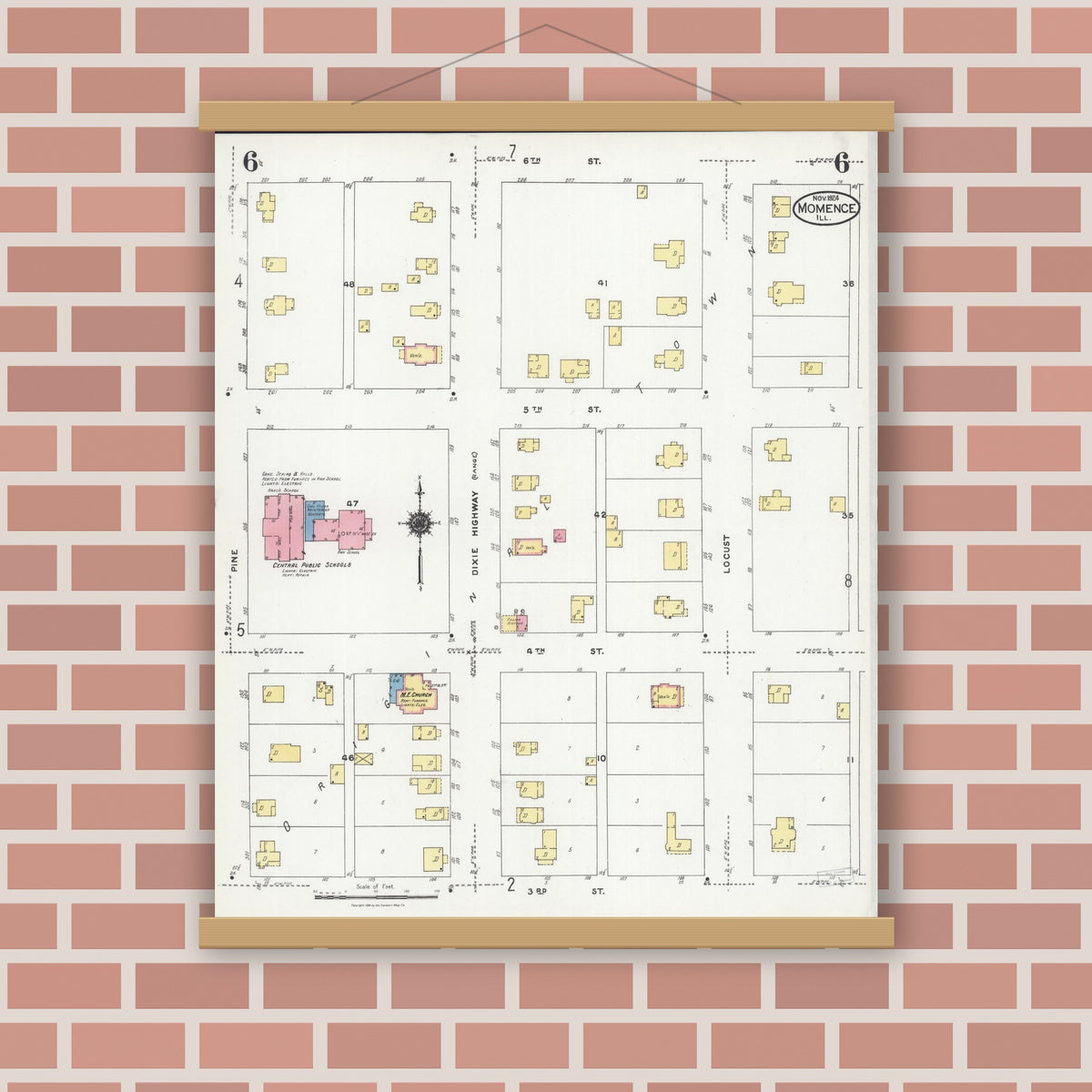 Old map wall art mockup — magnetic wood frame on brick wall — Sanborn Fire Insurance Map from Momence, Kankakee County, Illinois (1924), Sheet #0006