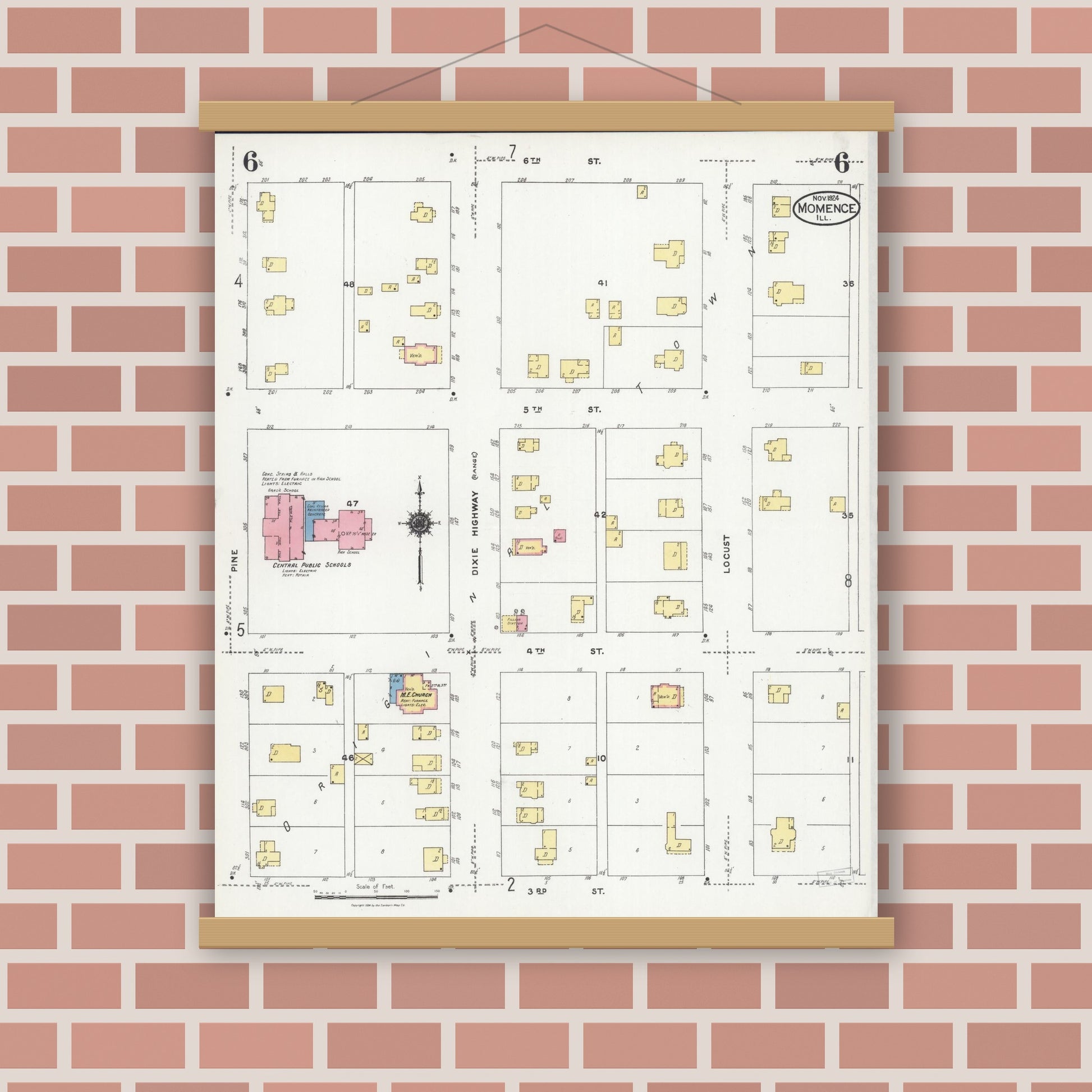 Old map wall art mockup — magnetic wood frame on brick wall — Sanborn Fire Insurance Map from Momence, Kankakee County, Illinois (1924), Sheet #0006