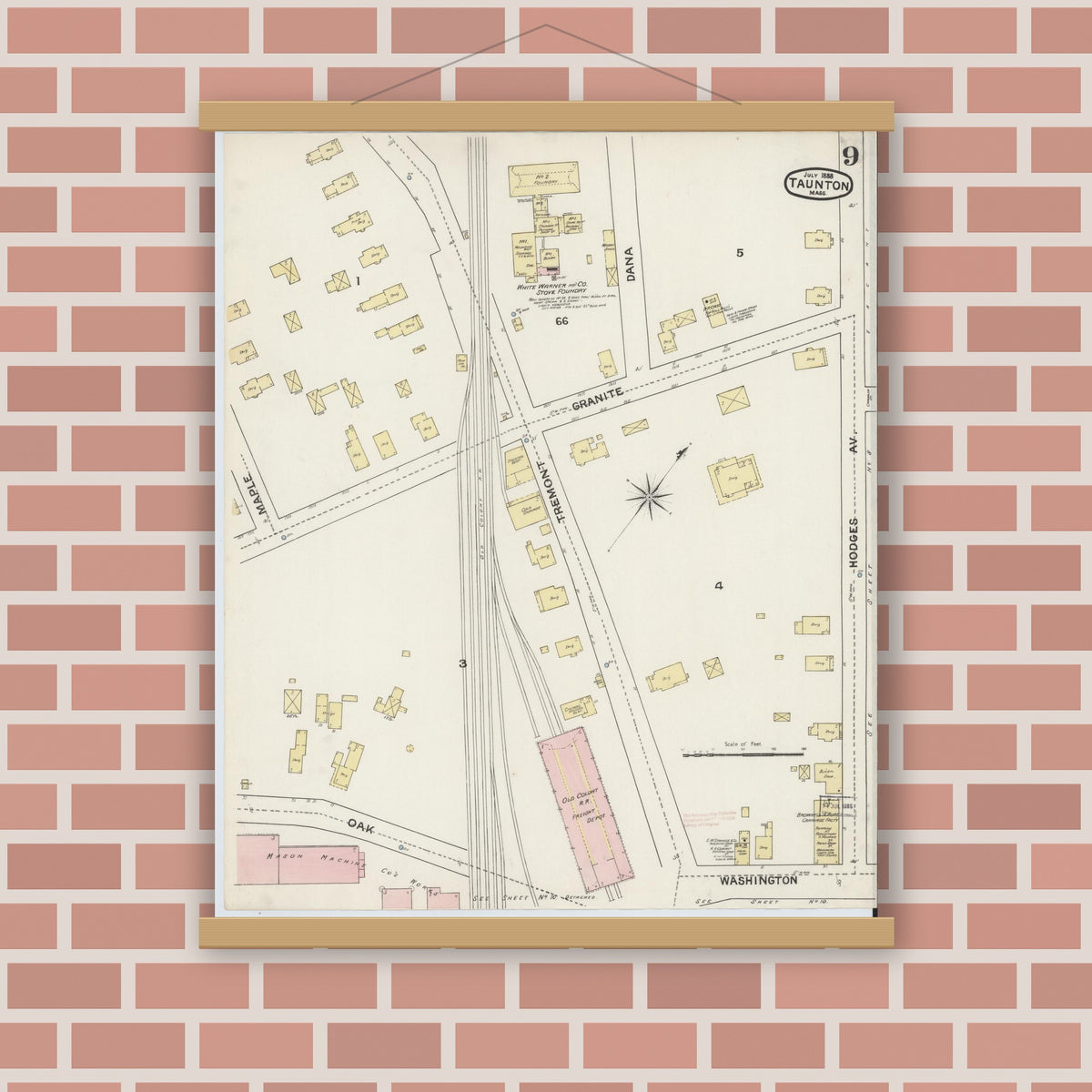 Old map wall art mockup — magnetic wood frame on brick wall — Sanborn Fire Insurance Map from Taunton, Bristol County, Massachusetts (1888), Sheet #0009