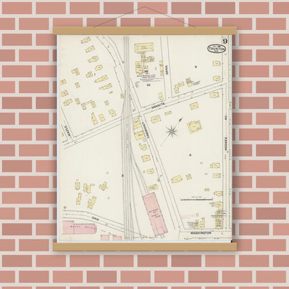 Old map wall art mockup — magnetic wood frame on brick wall — Sanborn Fire Insurance Map from Taunton, Bristol County, Massachusetts (1888), Sheet #0009