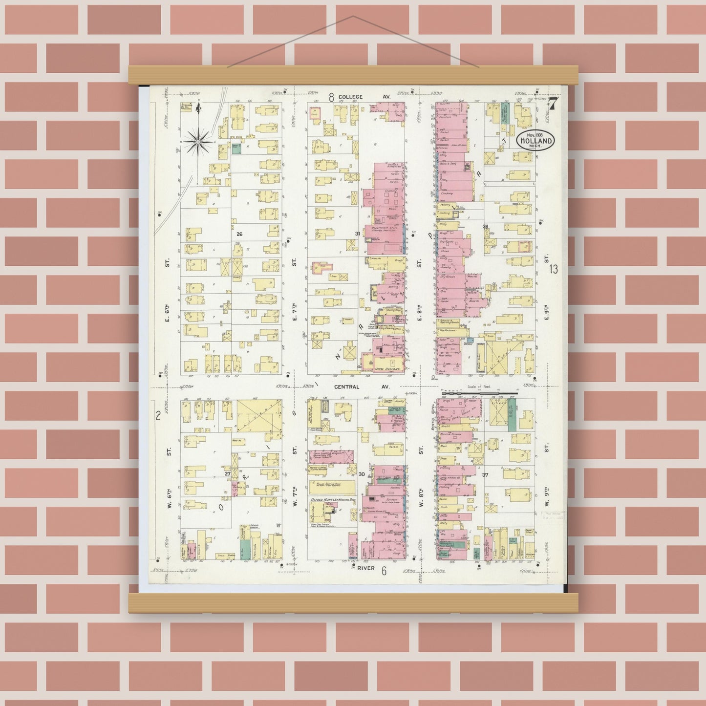 Old map wall art mockup — magnetic wood frame on brick wall — Sanborn Fire Insurance Map from Holland, Ottawa County, Michigan (1908), Sheet #0007