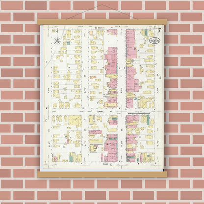 Old map wall art mockup — magnetic wood frame on brick wall — Sanborn Fire Insurance Map from Holland, Ottawa County, Michigan (1908), Sheet #0007