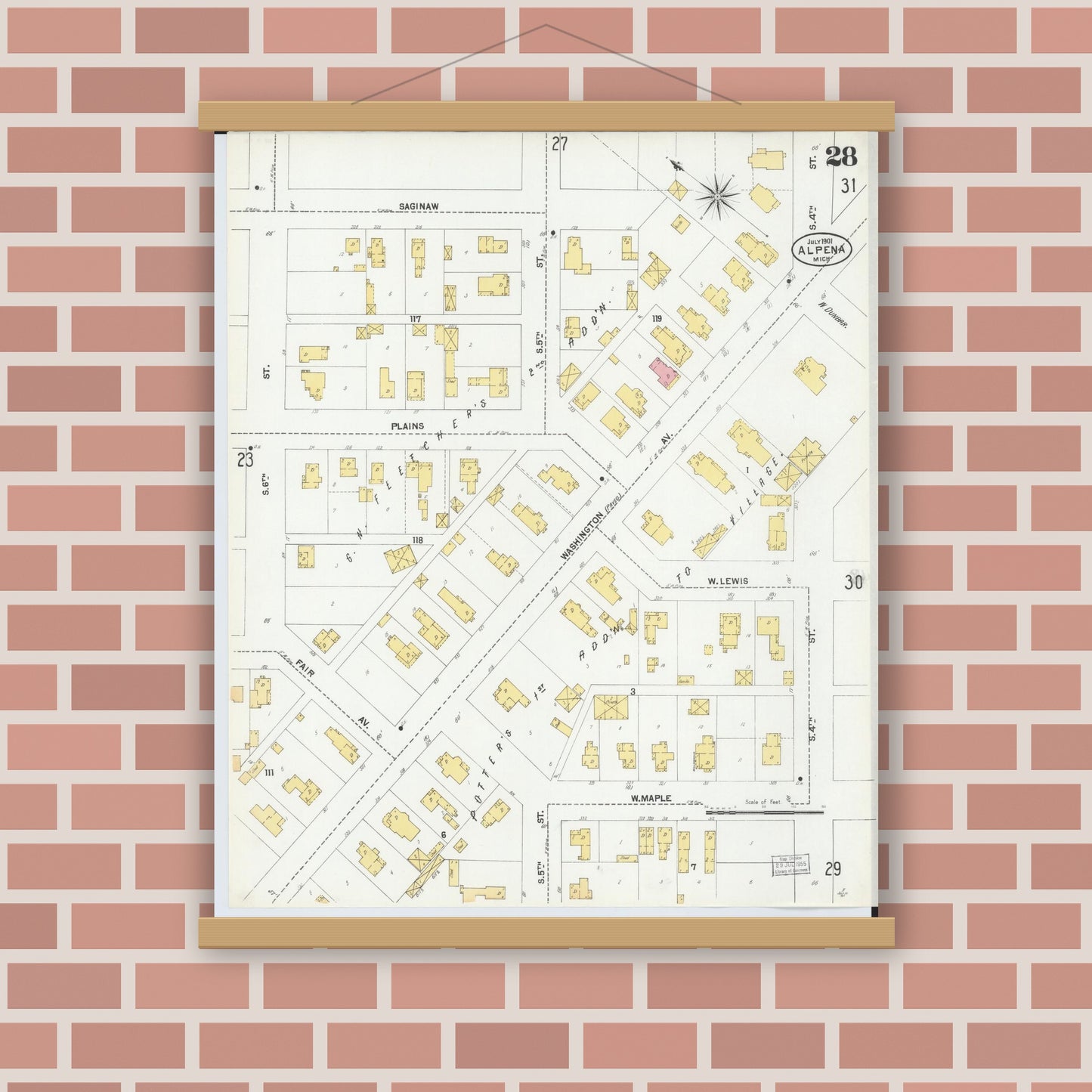 Old map wall art mockup — magnetic wood frame on brick wall — Sanborn Fire Insurance Map from Alpena, Alpena County, Michigan (1901), Sheet #0028