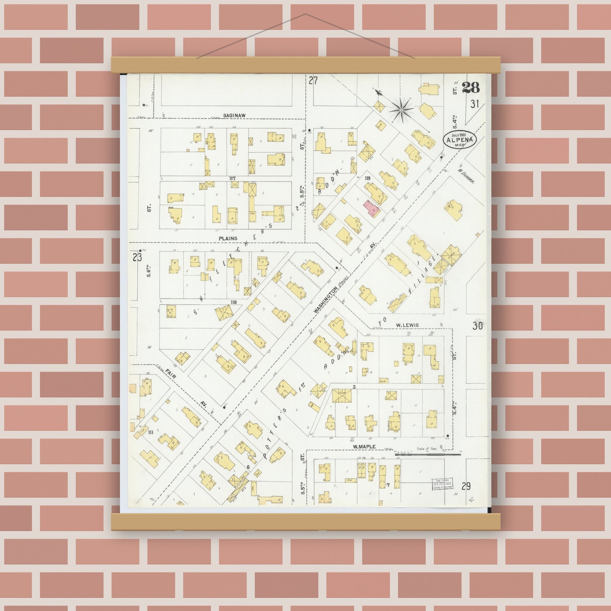 Old map wall art mockup — magnetic wood frame on brick wall — Sanborn Fire Insurance Map from Alpena, Alpena County, Michigan (1901), Sheet #0028