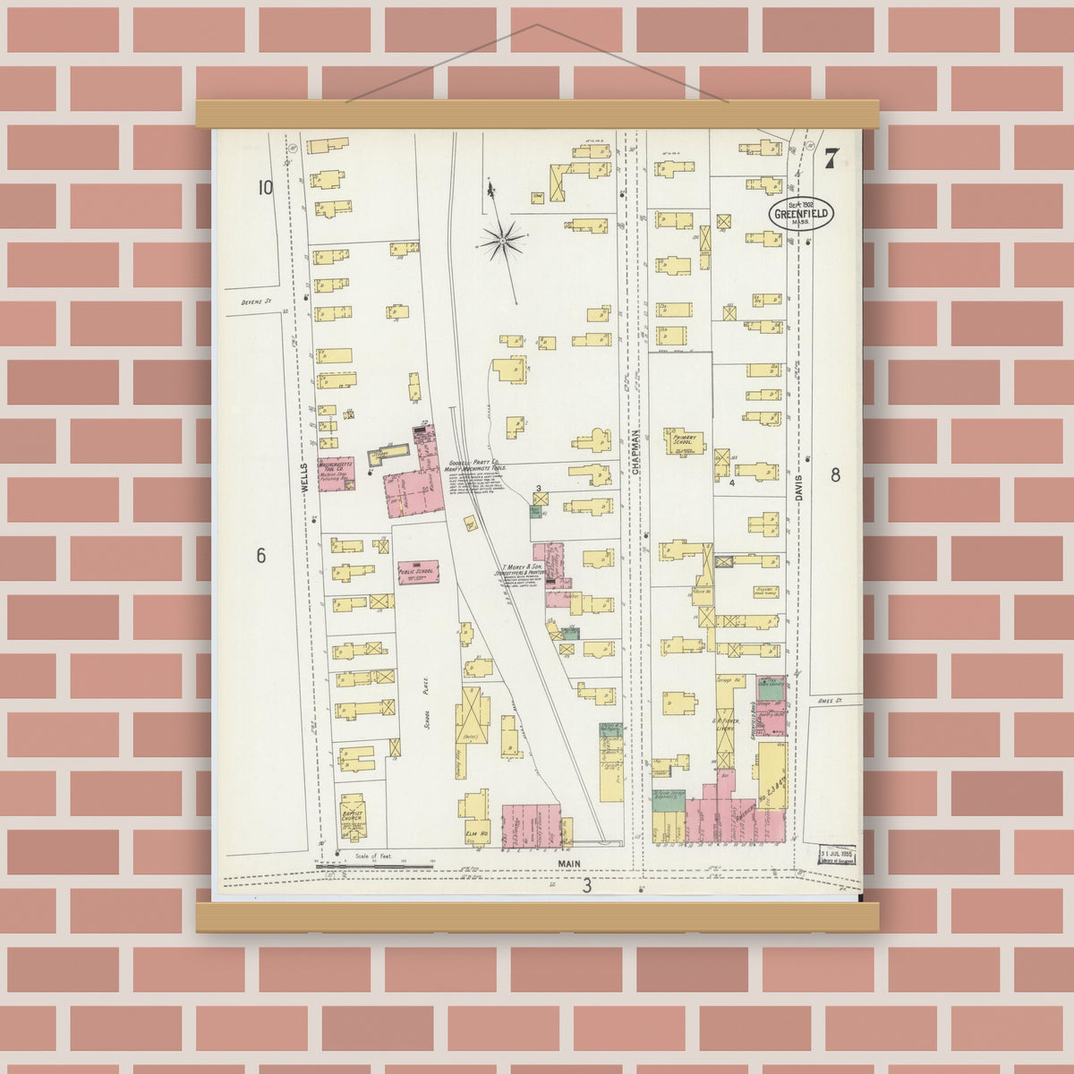 Old map wall art mockup — magnetic wood frame on brick wall — Sanborn Fire Insurance Map from Greenfield, Franklin County, Massachusetts (1902), Sheet #0007