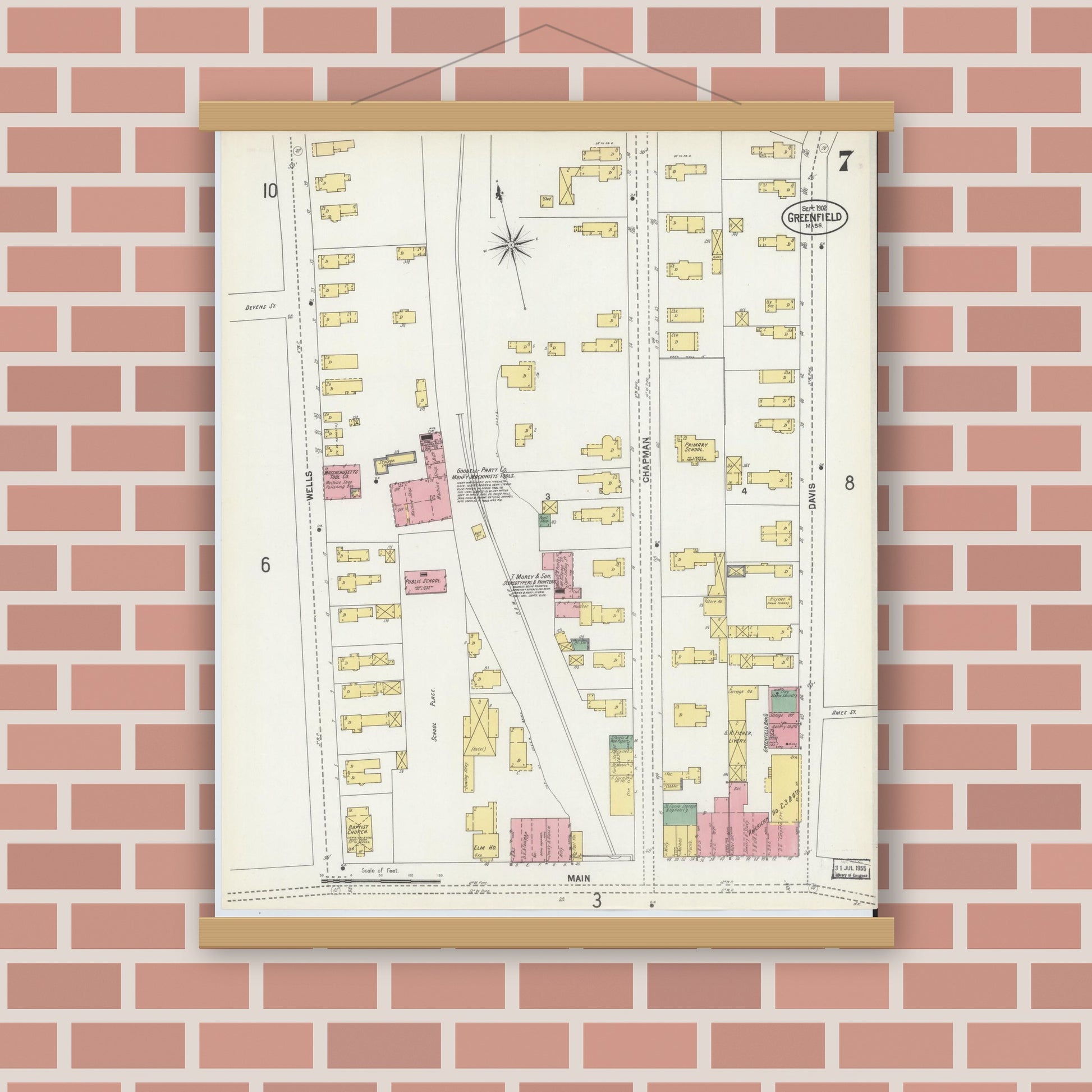 Old map wall art mockup — magnetic wood frame on brick wall — Sanborn Fire Insurance Map from Greenfield, Franklin County, Massachusetts (1902), Sheet #0007