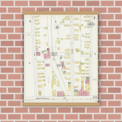 Old map wall art mockup — magnetic wood frame on brick wall — Sanborn Fire Insurance Map from Greenfield, Franklin County, Massachusetts (1902), Sheet #0007