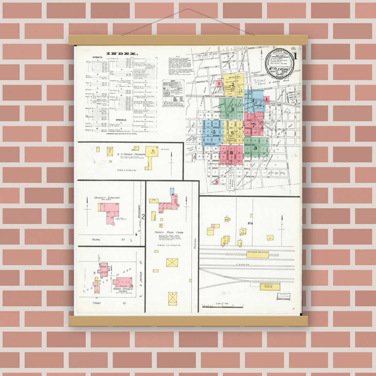 Old map wall art mockup — magnetic wood frame on brick wall — Sanborn Fire Insurance Map from Mount Pleasant, Henry County, Iowa (1899) â€” Complete Set