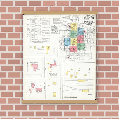 Old map wall art mockup — magnetic wood frame on brick wall — Sanborn Fire Insurance Map from Mount Pleasant, Henry County, Iowa (1899) â€” Complete Set
