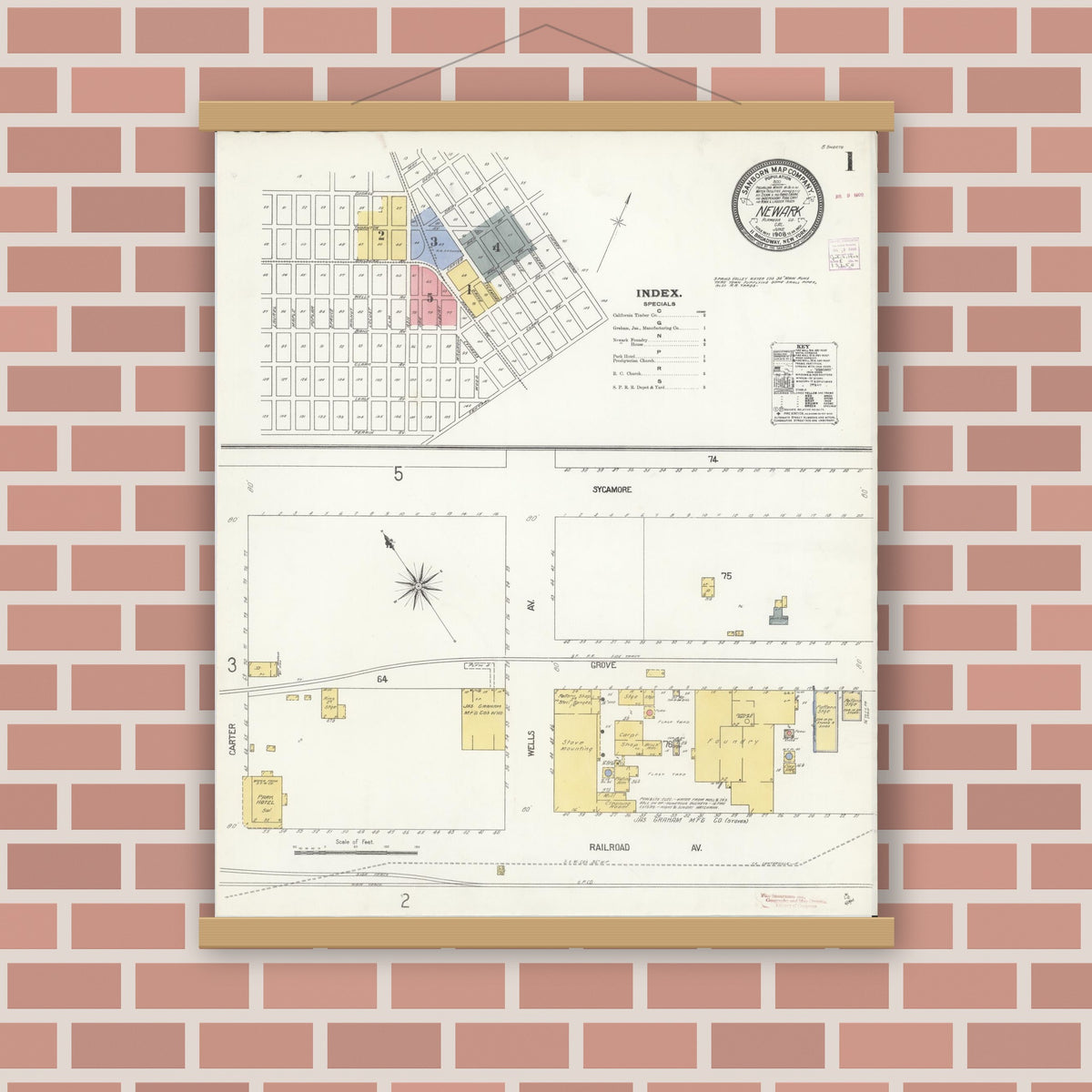 Old map wall art mockup — magnetic wood frame on brick wall — Sanborn Fire Insurance Map from Newark, Alameda County, California (1908) - Complete Map Set