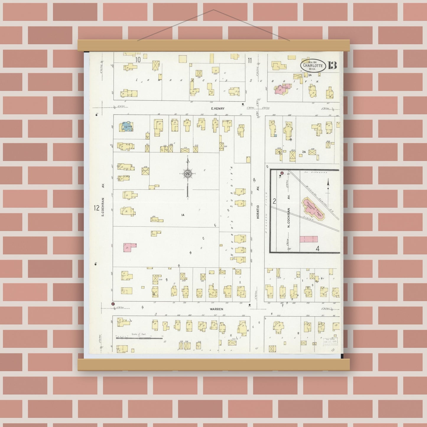 Old map wall art mockup — magnetic wood frame on brick wall — Sanborn Fire Insurance Map from Charlotte, Eaton County, Michigan (1911), Sheet #0013