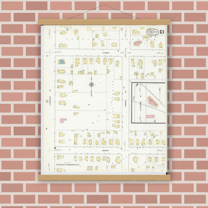 Old map wall art mockup — magnetic wood frame on brick wall — Sanborn Fire Insurance Map from Charlotte, Eaton County, Michigan (1911), Sheet #0013