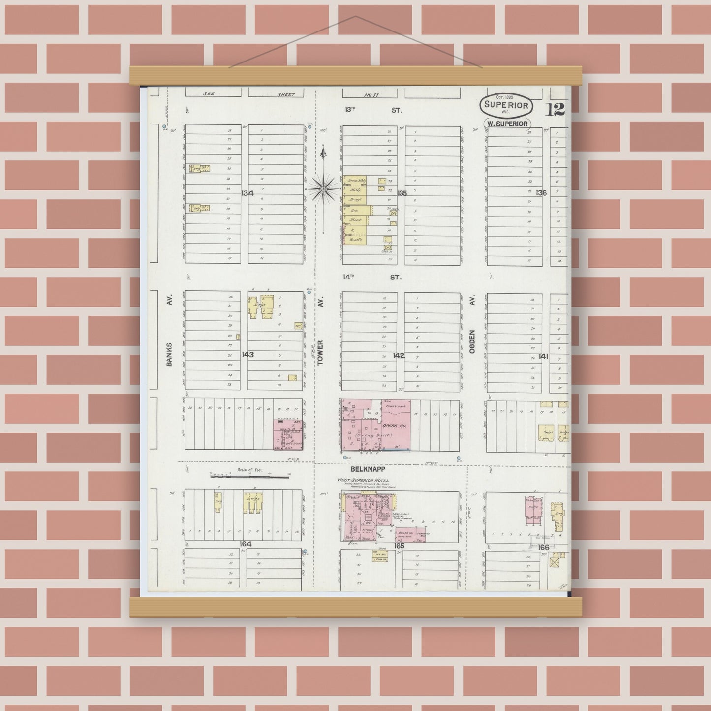 Old map wall art mockup — magnetic wood frame on brick wall — Sanborn Fire Insurance Map from Superior, Douglas County, Wisconsin (1889), Sheet #0012