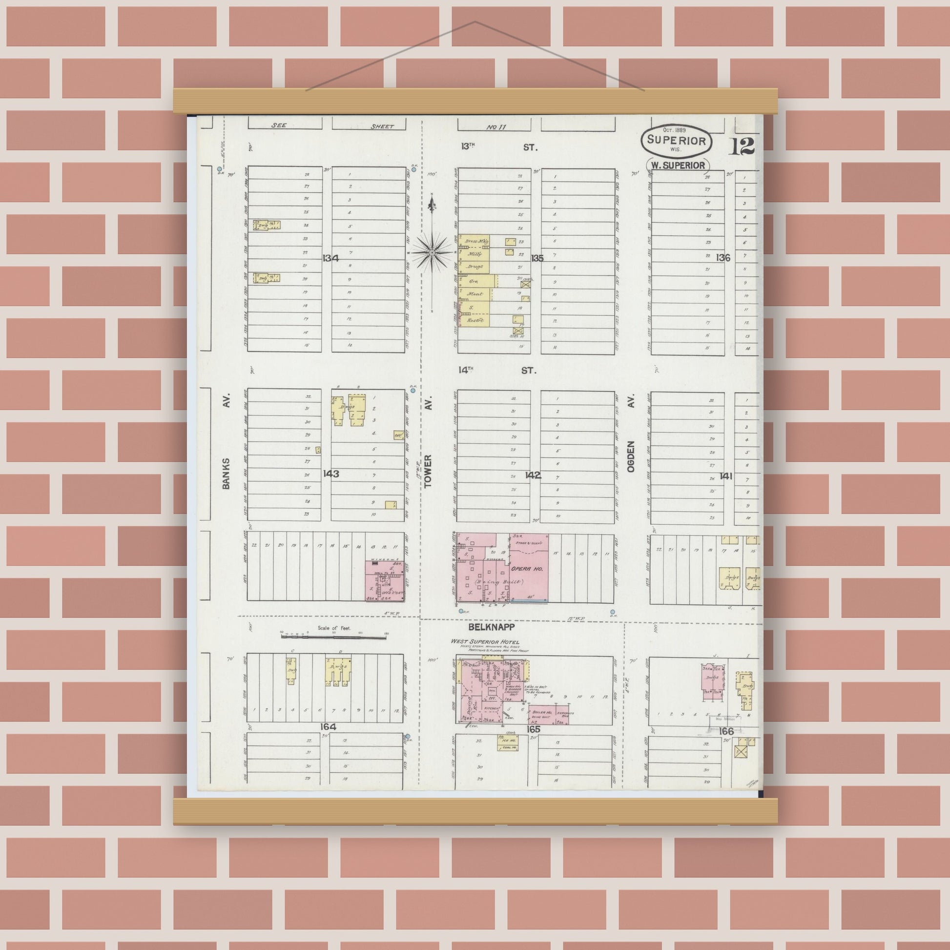 Old map wall art mockup — magnetic wood frame on brick wall — Sanborn Fire Insurance Map from Superior, Douglas County, Wisconsin (1889), Sheet #0012