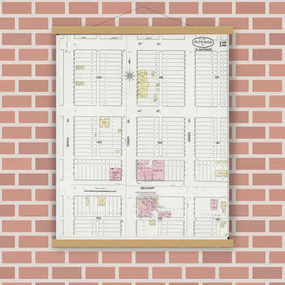 Old map wall art mockup — magnetic wood frame on brick wall — Sanborn Fire Insurance Map from Superior, Douglas County, Wisconsin (1889), Sheet #0012