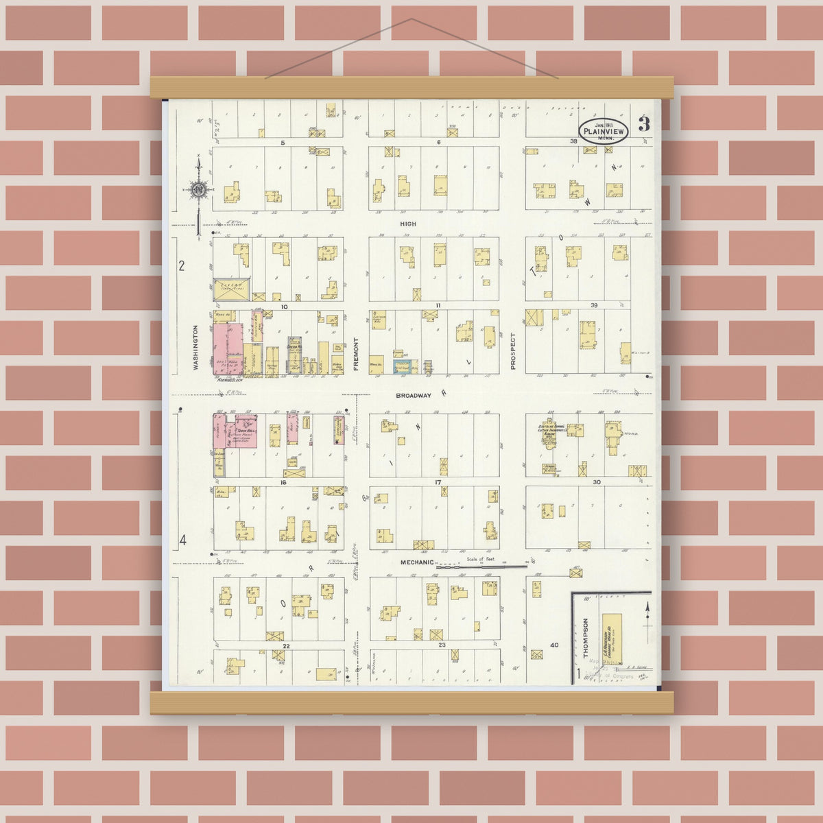 Old map wall art mockup — magnetic wood frame on brick wall — Sanborn Fire Insurance Map from Plainview, Wabasha County, Minnesota (1911), Sheet #0003