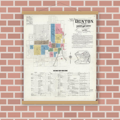 Old map wall art mockup — magnetic wood frame on brick wall — Sanborn Fire Insurance Map from Denton, Denton County, Texas (1917) - Complete Map Set