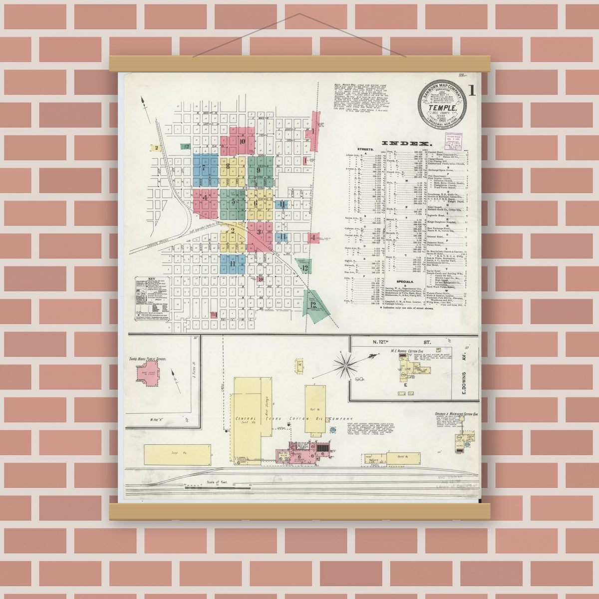 Old map wall art mockup — magnetic wood frame on brick wall — Sanborn Fire Insurance Map from Temple, Bell County, Texas (1905) - Complete Map Set