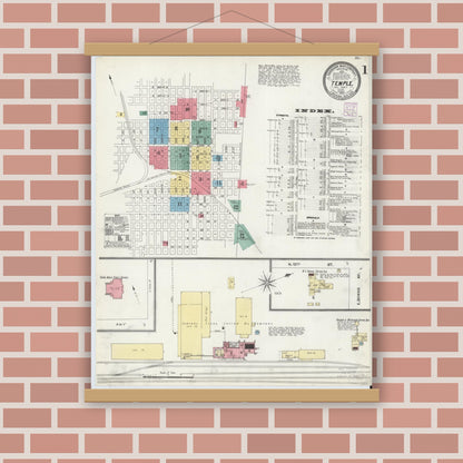 Old map wall art mockup — magnetic wood frame on brick wall — Sanborn Fire Insurance Map from Temple, Bell County, Texas (1905) - Complete Map Set
