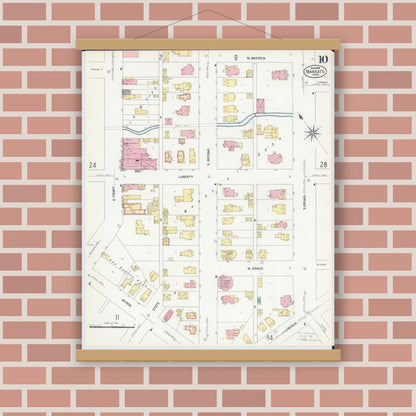Old map wall art mockup — magnetic wood frame on brick wall — Sanborn Fire Insurance Map from Mankato, Blue Earth County, Minnesota (1908), Sheet #0010