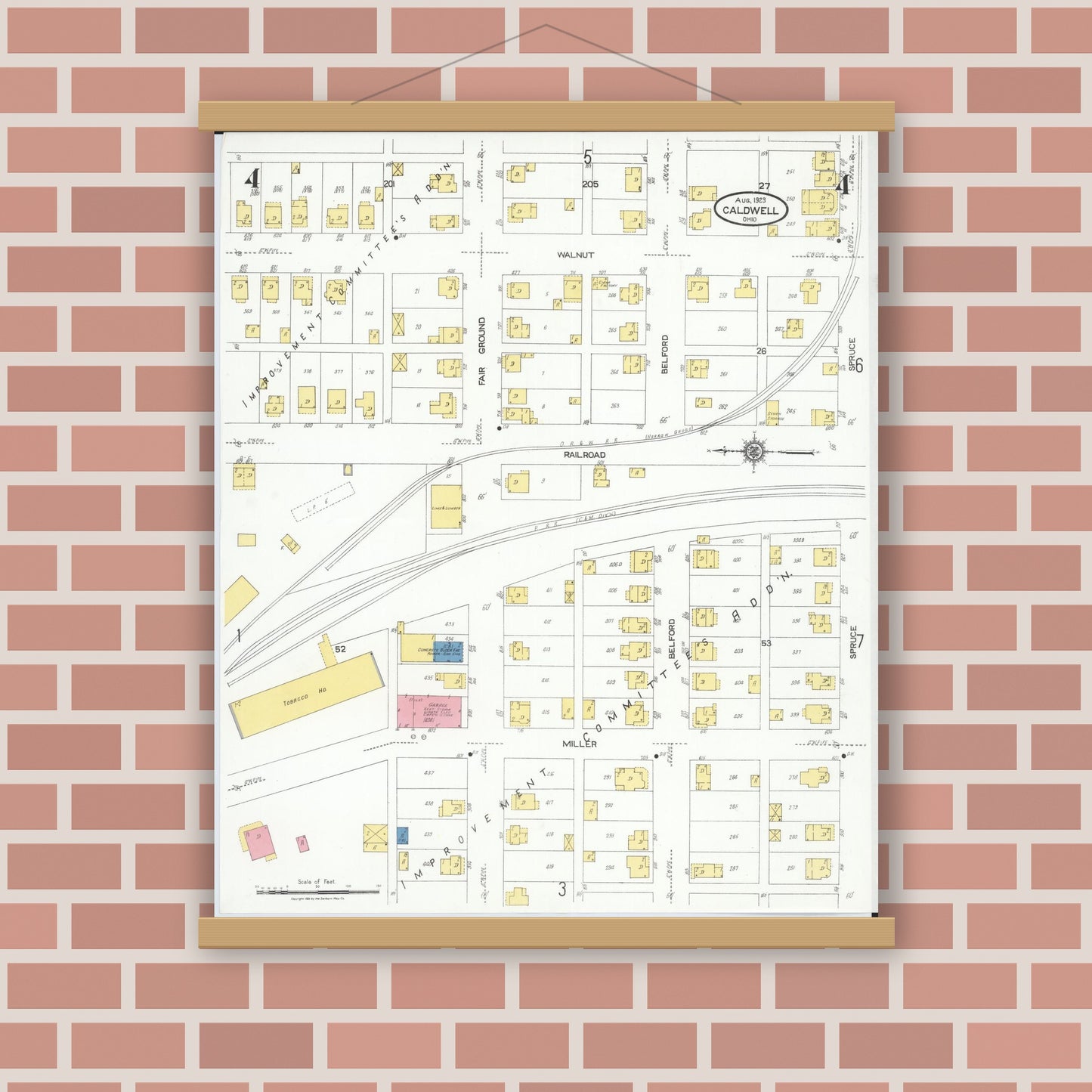 Old map wall art mockup — magnetic wood frame on brick wall — Sanborn Fire Insurance Map from Caldwell, Noble County, Ohio (1923), Sheet #0004