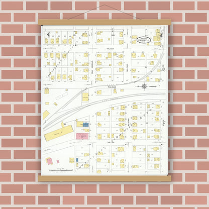 Old map wall art mockup — magnetic wood frame on brick wall — Sanborn Fire Insurance Map from Caldwell, Noble County, Ohio (1923), Sheet #0004
