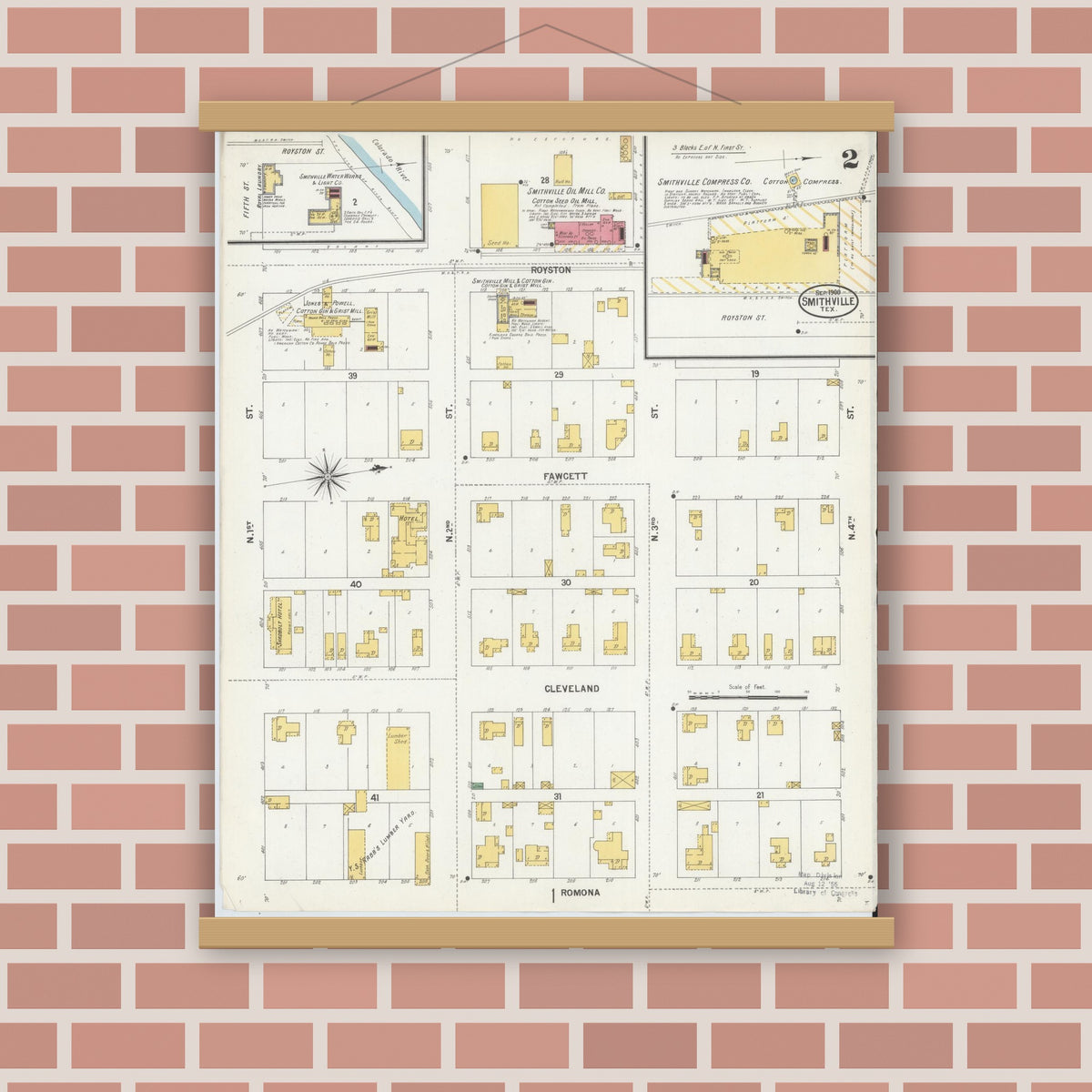 Old map wall art mockup — magnetic wood frame on brick wall — Sanborn Fire Insurance Map from Smithville, Bastrop County, Texas (1900), Sheet #0002